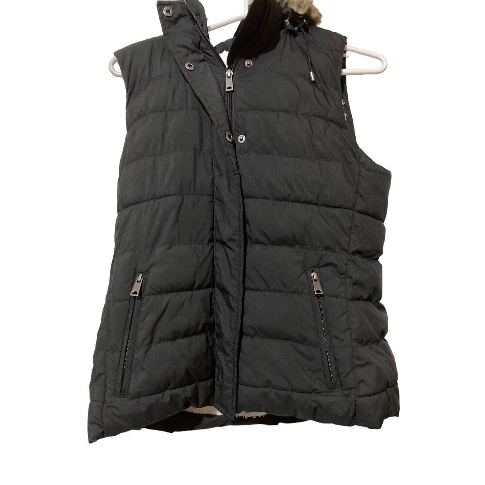Banana Republic Vest Women's Small Puffer Black Hood‎ Faux Fur Zip